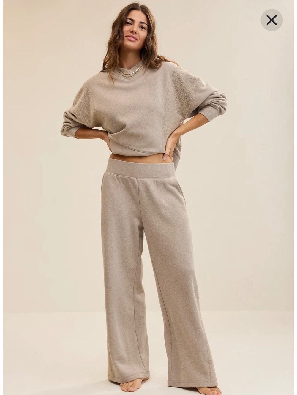 Aerie Après-Chill Matching Set M Stone Harbor V-Neck Sweatshirt Wide Leg Pant